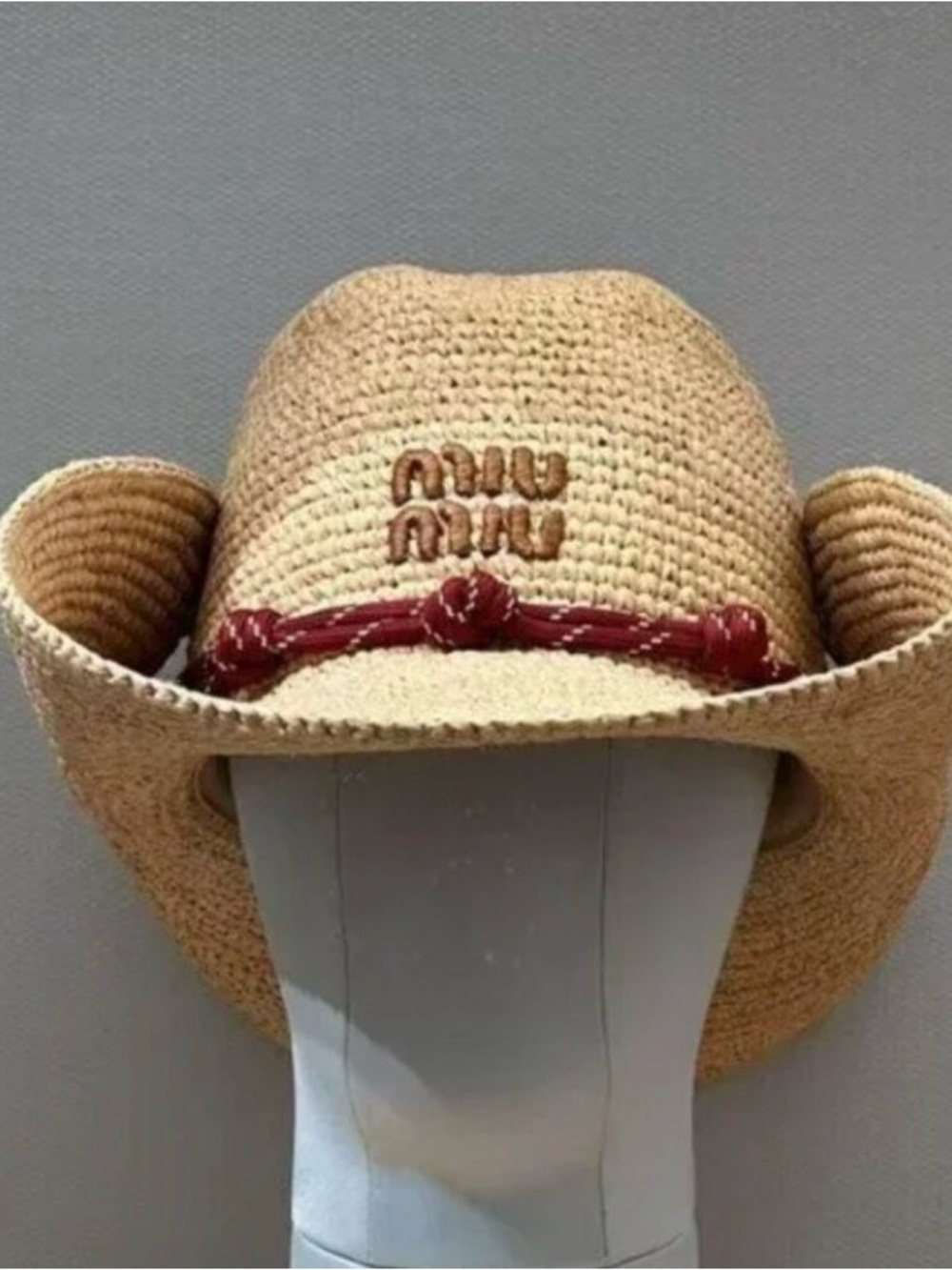 Miu Straw Cowboy Hat Red Braided Band and Brown Leather Band MULTIFUNCTIONAL